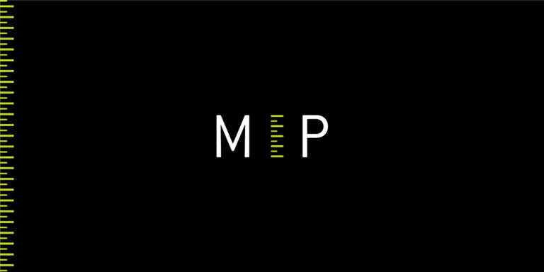 Brand design with MP logo icon and ruler brand asset